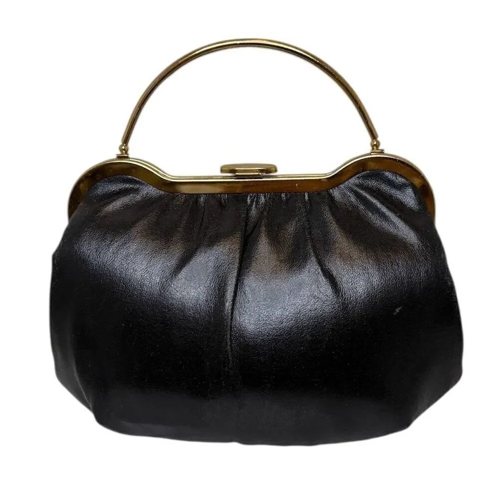 Vintage Black Leather Handbag Gold Tone Handle